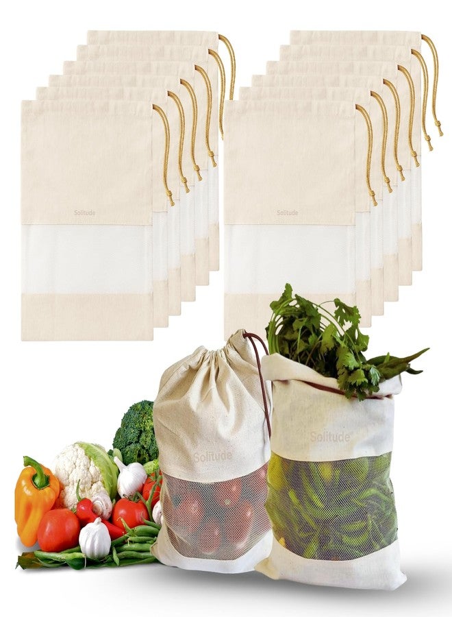 Solitude Set of 12 Cotton Vegetable Bags Fridge Storage Bag Sabji Fruits Pouch Refrigerator Produce Muslin Reusable Washable & Multipurpose use Cloth Bags with Drawstrings - Image 1